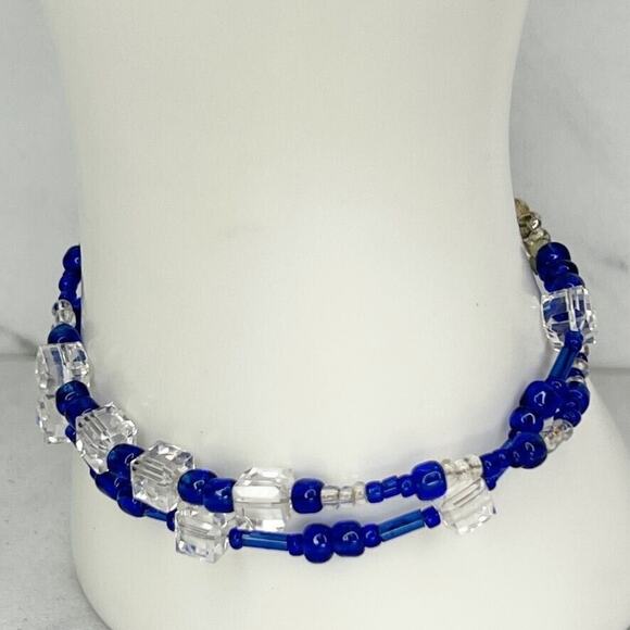 Blue and Clear Beaded Double Strand Silver Tone Toggle Bracelet - Picture 5 of 6